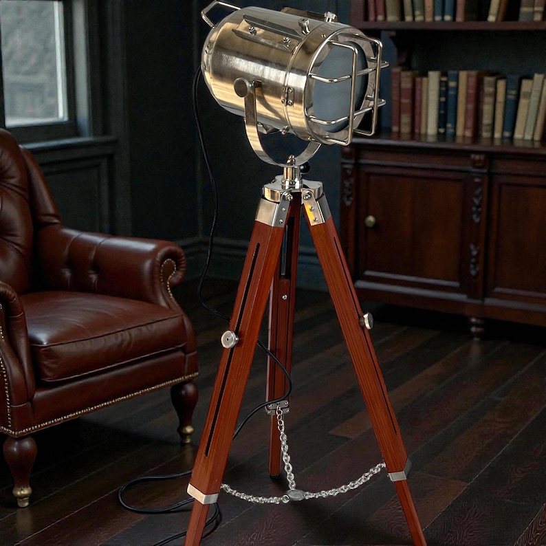 Chrome Spotlight on Wooden Tripod view 18