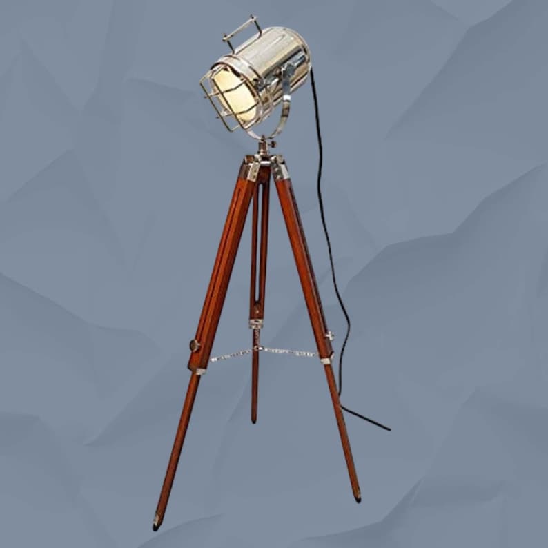 Chrome Spotlight on Wooden Tripod view 11