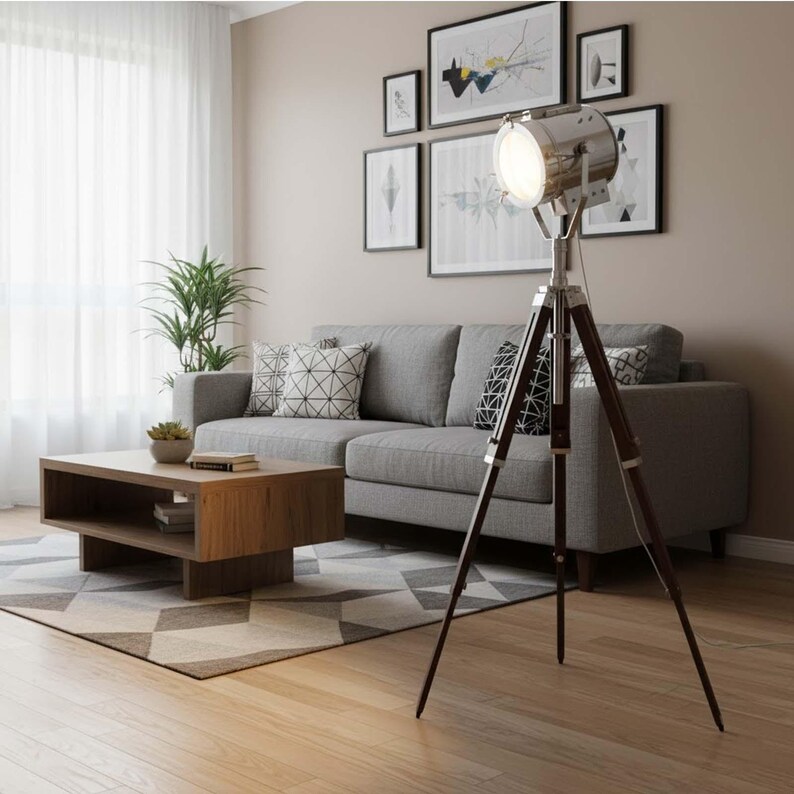 Chrome Spotlight on Wooden Tripod view 4