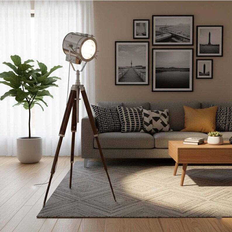 Chrome Spotlight on Wooden Tripod view 6