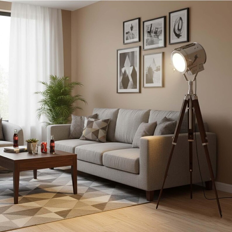 Chrome Spotlight on Wooden Tripod view 7