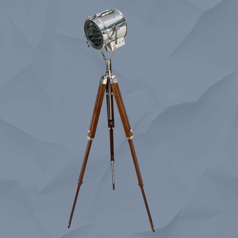 Chrome Spotlight on Wooden Tripod view 9