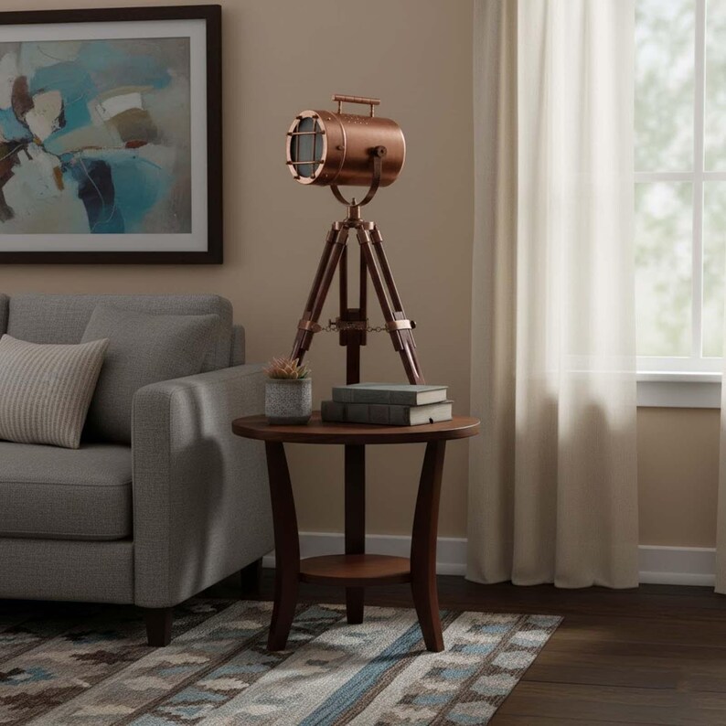 Copper Spotlight on Wooden Tripod view 2
