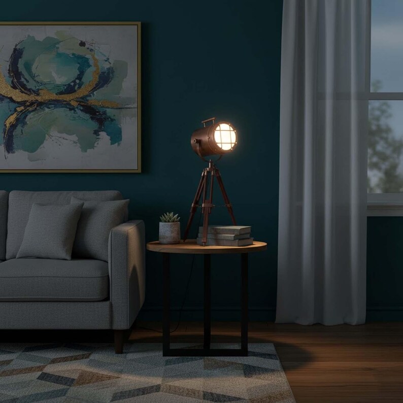 Copper Spotlight on Wooden Tripod view 8