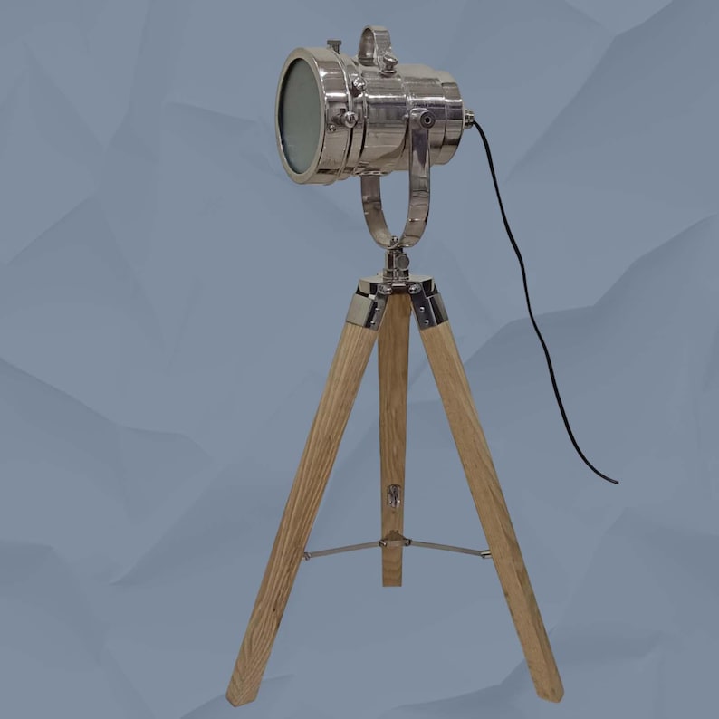 Chrome Spotlight on Teak Wood Tripod view 11