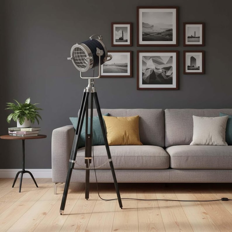 Chrome Spotlight on Black Wooden Tripod view 11