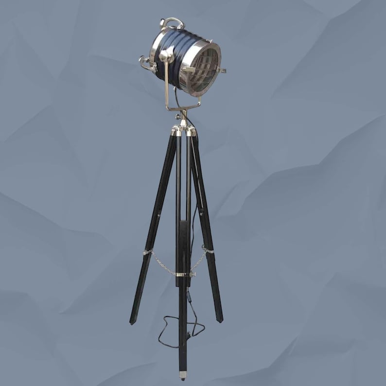 Chrome Spotlight on Black Wooden Tripod view 12