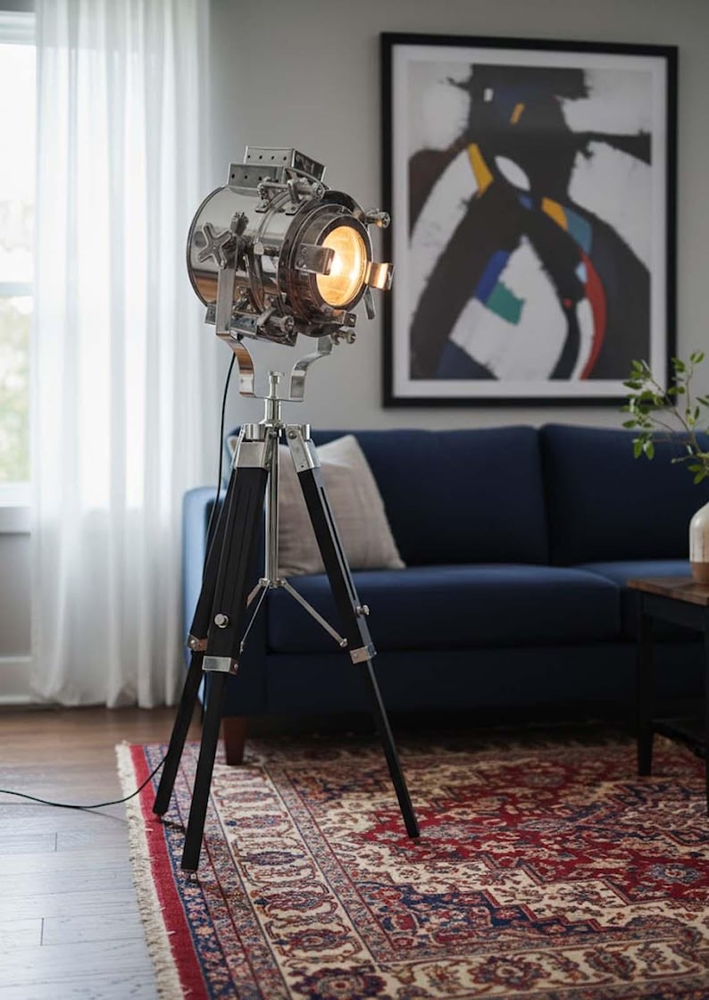 Chrome Spotlight on Black Wooden Tripod view 6