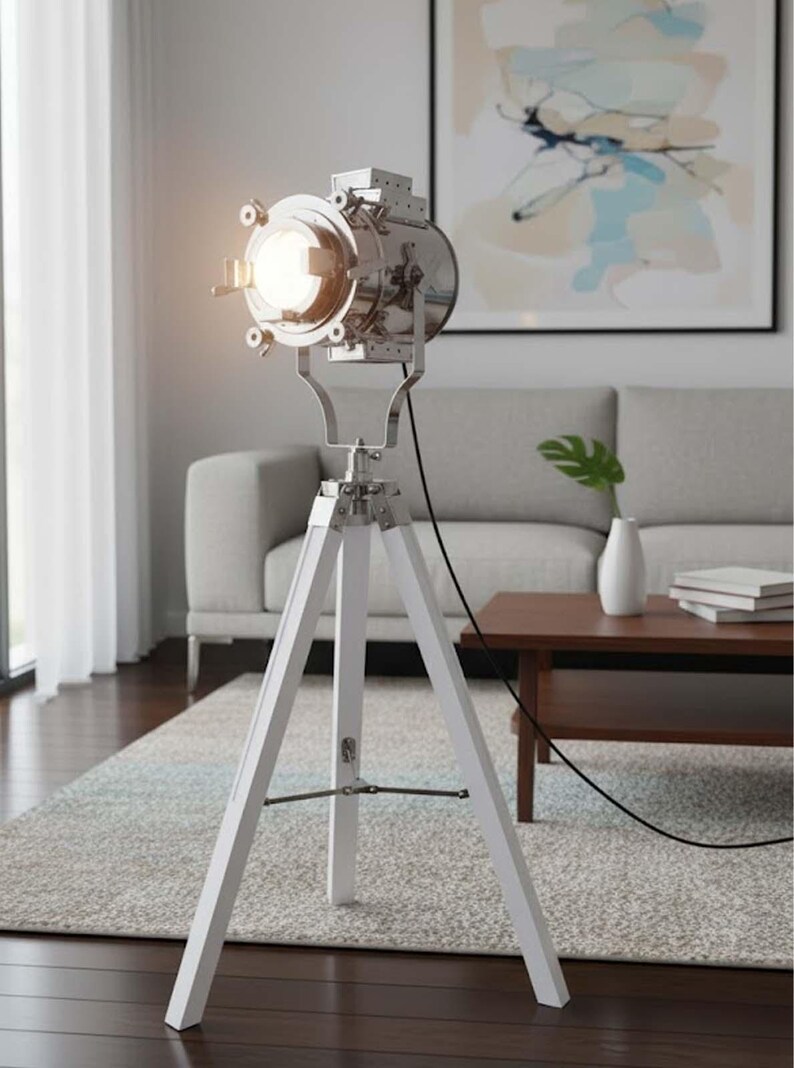 Chrome Spotlight on White Wooden Tripod view 2
