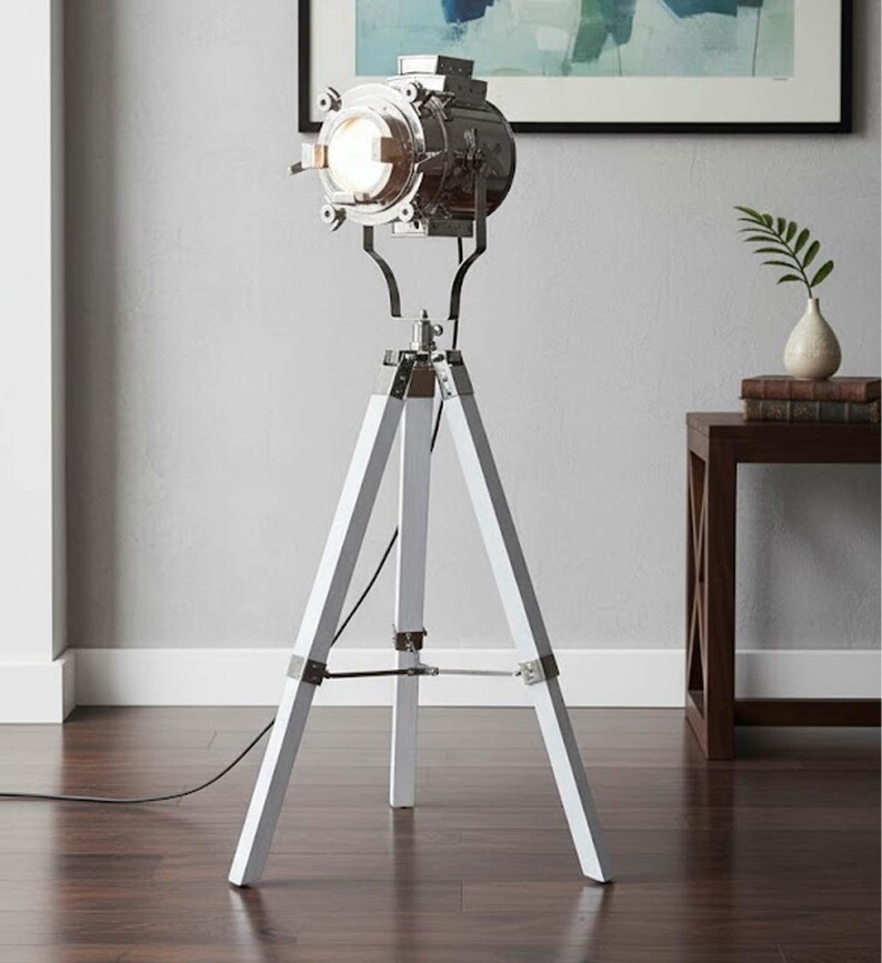 Chrome Spotlight on White Wooden Tripod view 8
