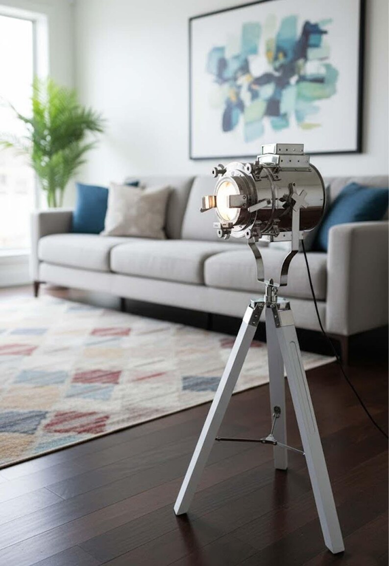 Chrome Spotlight on White Wooden Tripod view 10