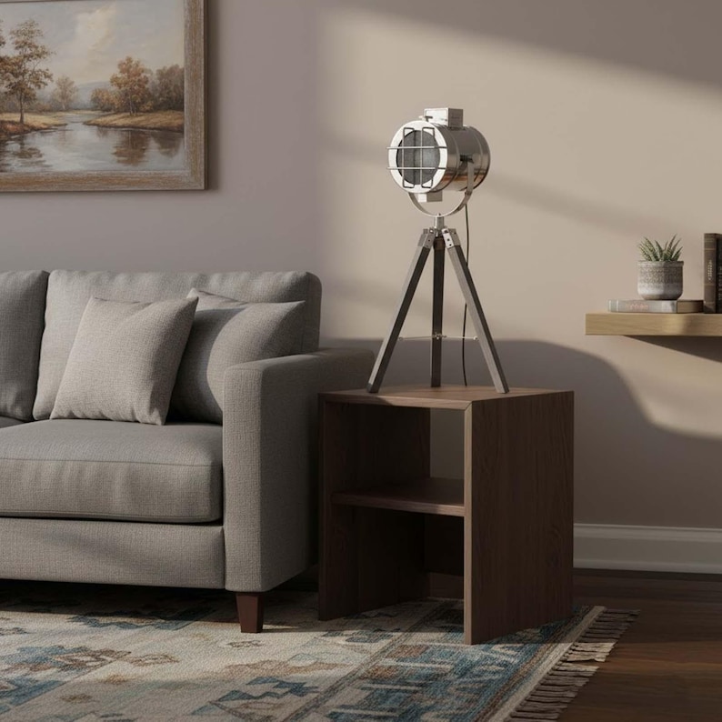 Chrome Spotlight on Grey Wooden Tripod view 7