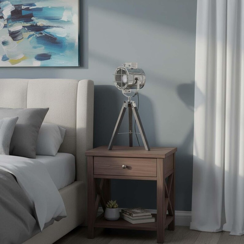 Chrome Spotlight on Grey Wooden Tripod view 9