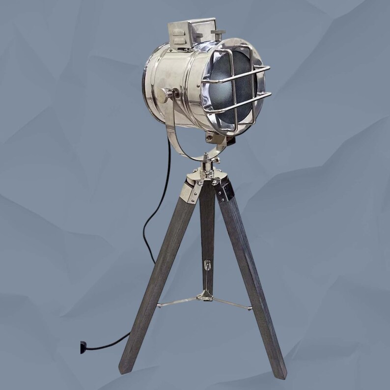 Chrome Spotlight on Grey Wooden Tripod view 11