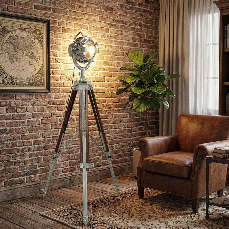 Chrome Spotlight on Wooden Tripod view 4