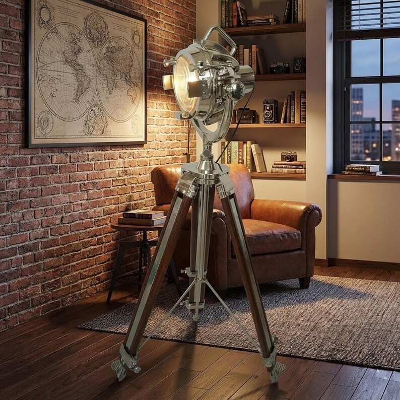 Chrome Spotlight on Wooden Tripod view 6