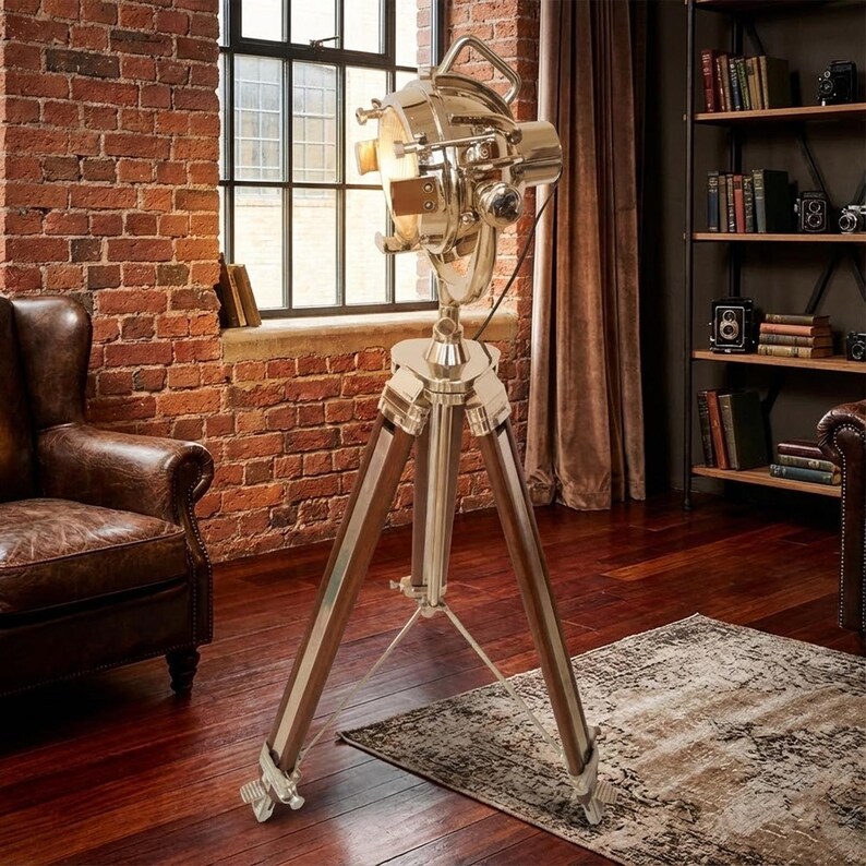 Chrome Spotlight on Wooden Tripod view 7