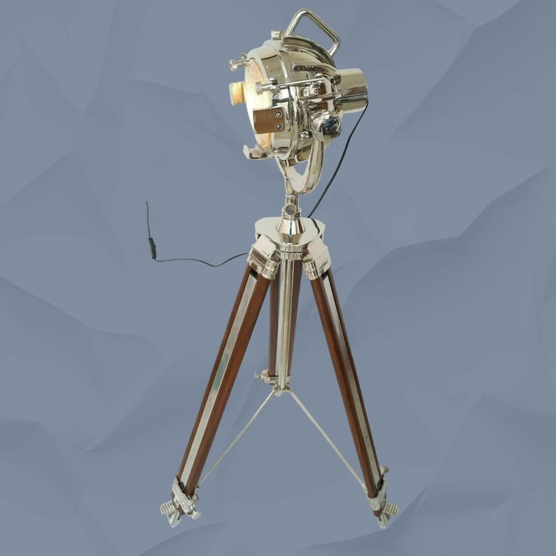 Chrome Spotlight on Wooden Tripod view 9