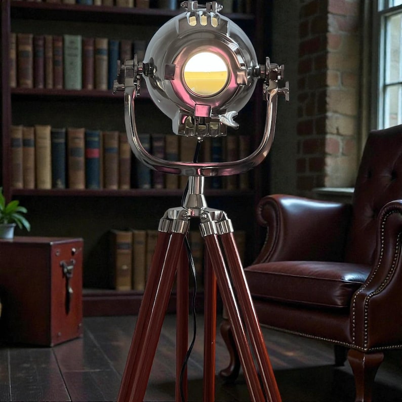 Chrome Spotlight on Wooden Tripod view 3
