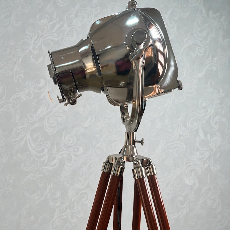 Chrome Spotlight on Wooden Tripod view 4