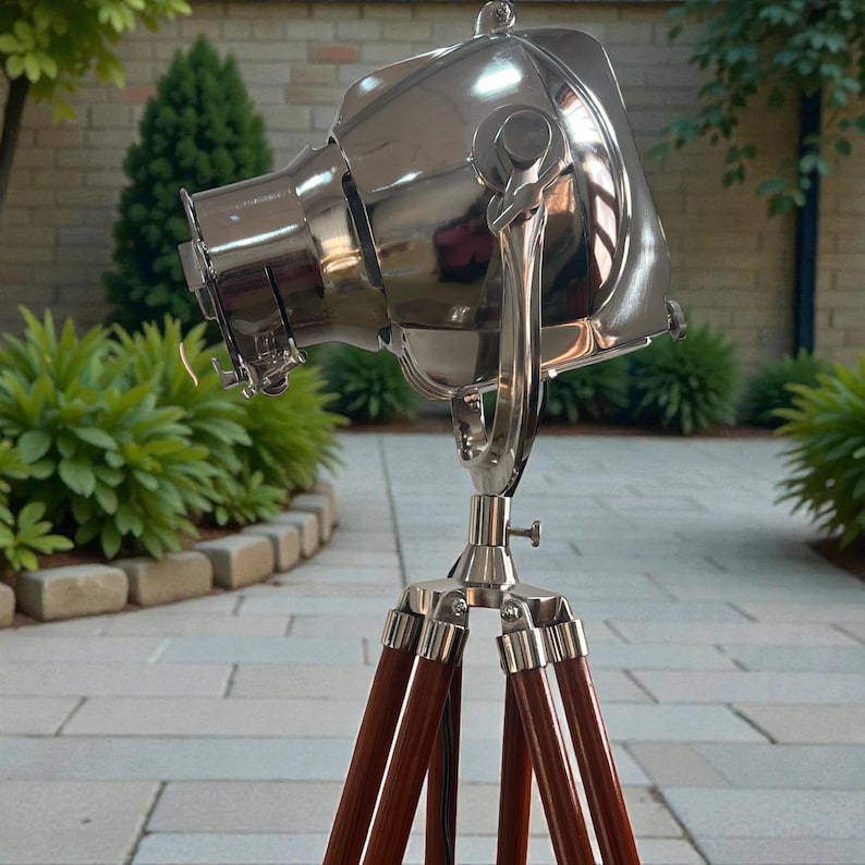 Chrome Spotlight on Wooden Tripod view 5