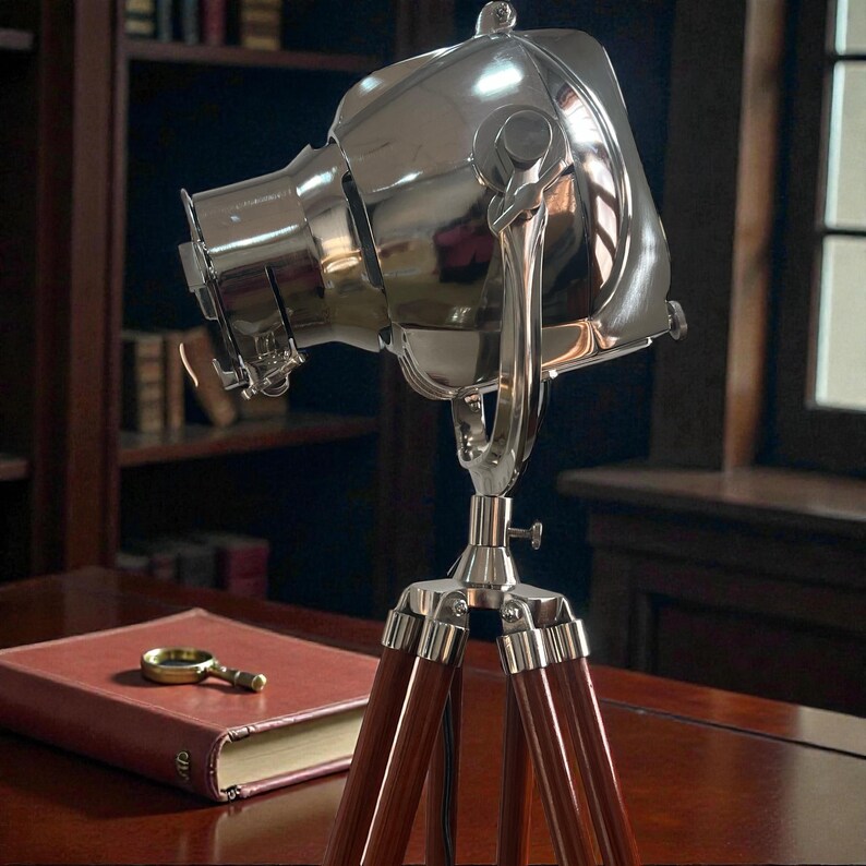 Chrome Spotlight on Wooden Tripod view 7