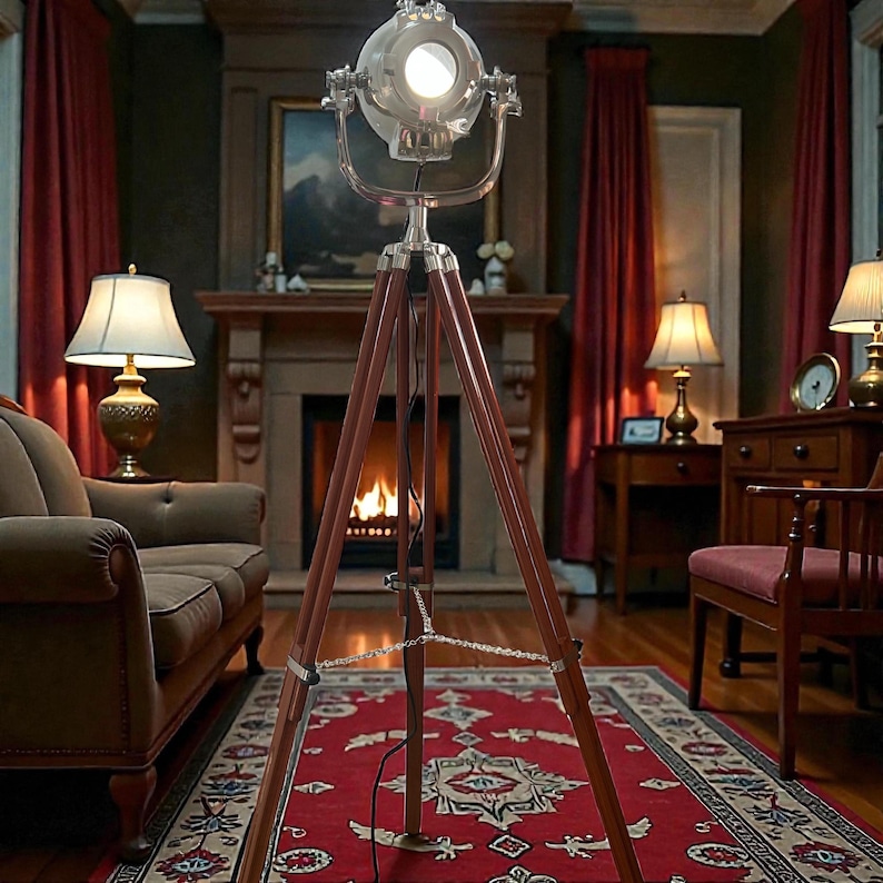 Chrome Spotlight on Wooden Tripod view 8