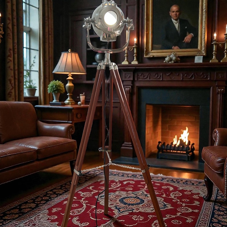Chrome Spotlight on Wooden Tripod view 9