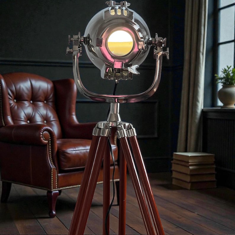 Chrome Spotlight on Wooden Tripod view 10