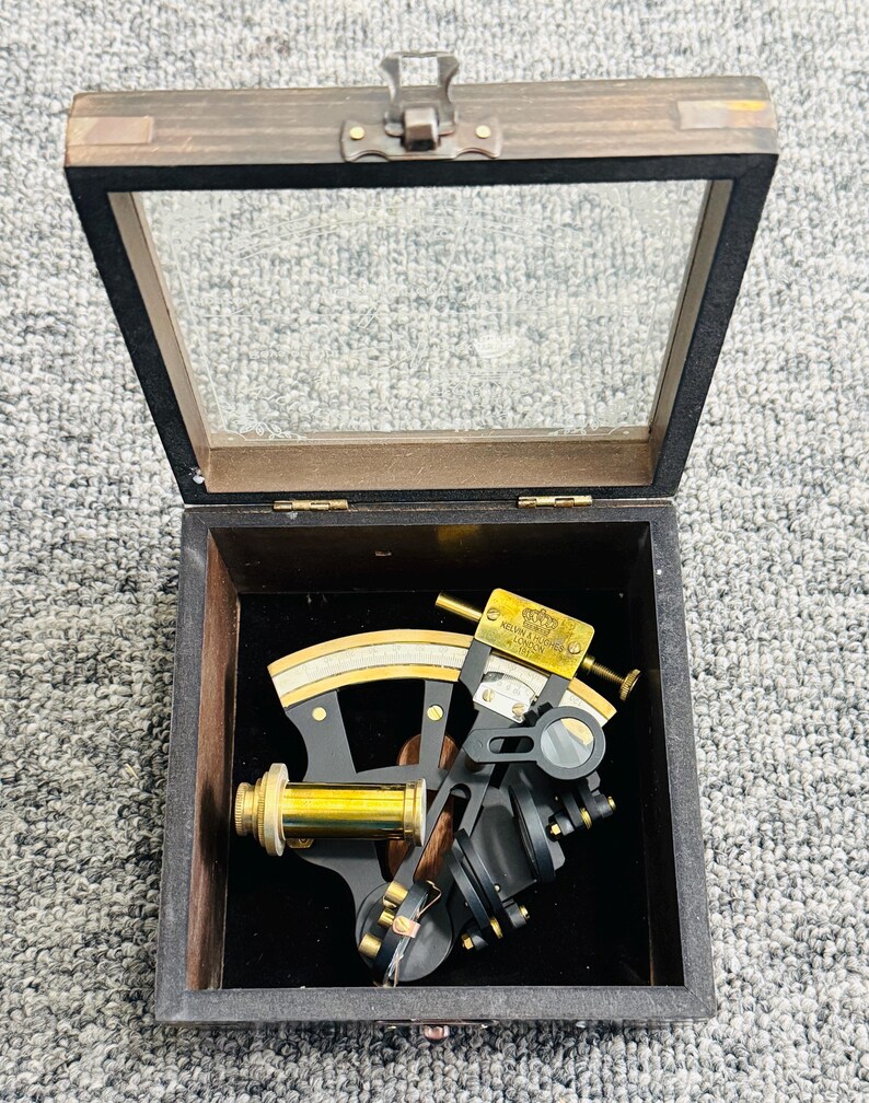 Black Powder Coated Brass Nautical Sextant with Black Glass-Top Wooden Box view 3
