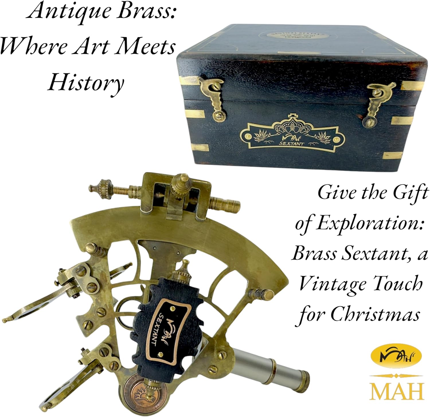 Antique Brass Sextant with Black Wooden Box view 2