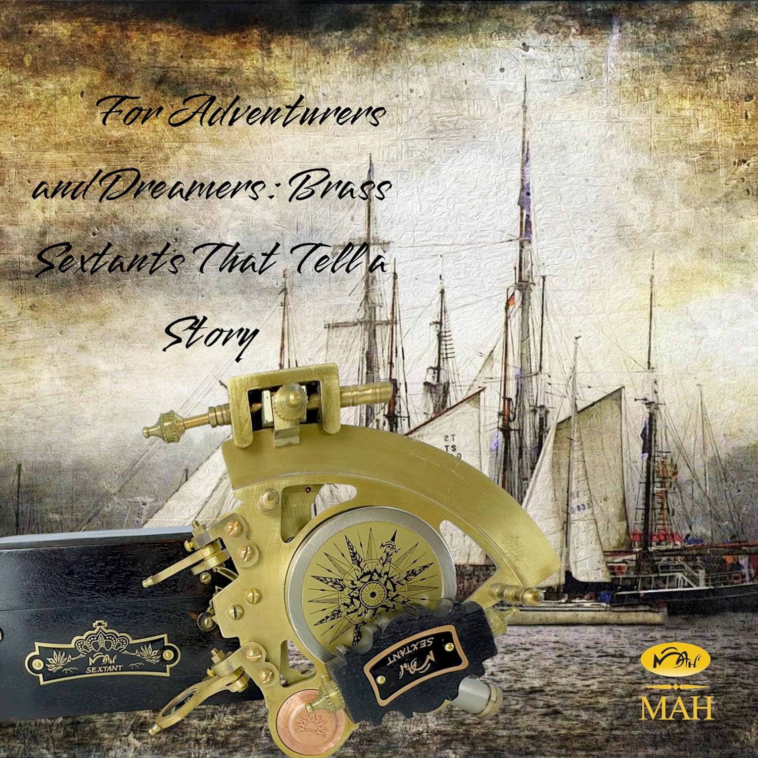 Antique Brass Sextant with Built-In Compass and Black Wooden Box view 3