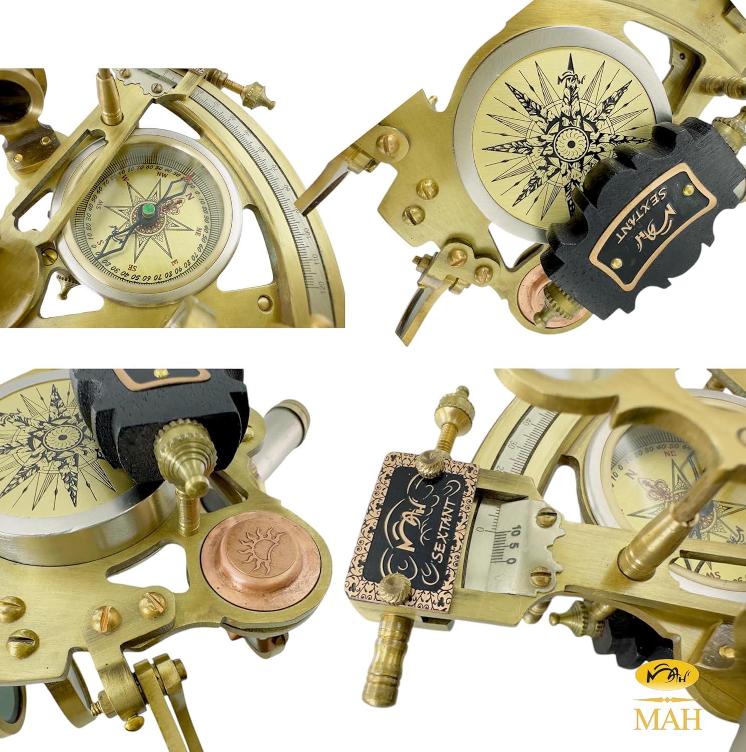 Antique Brass Sextant with Built-In Compass and Black Wooden Box view 4
