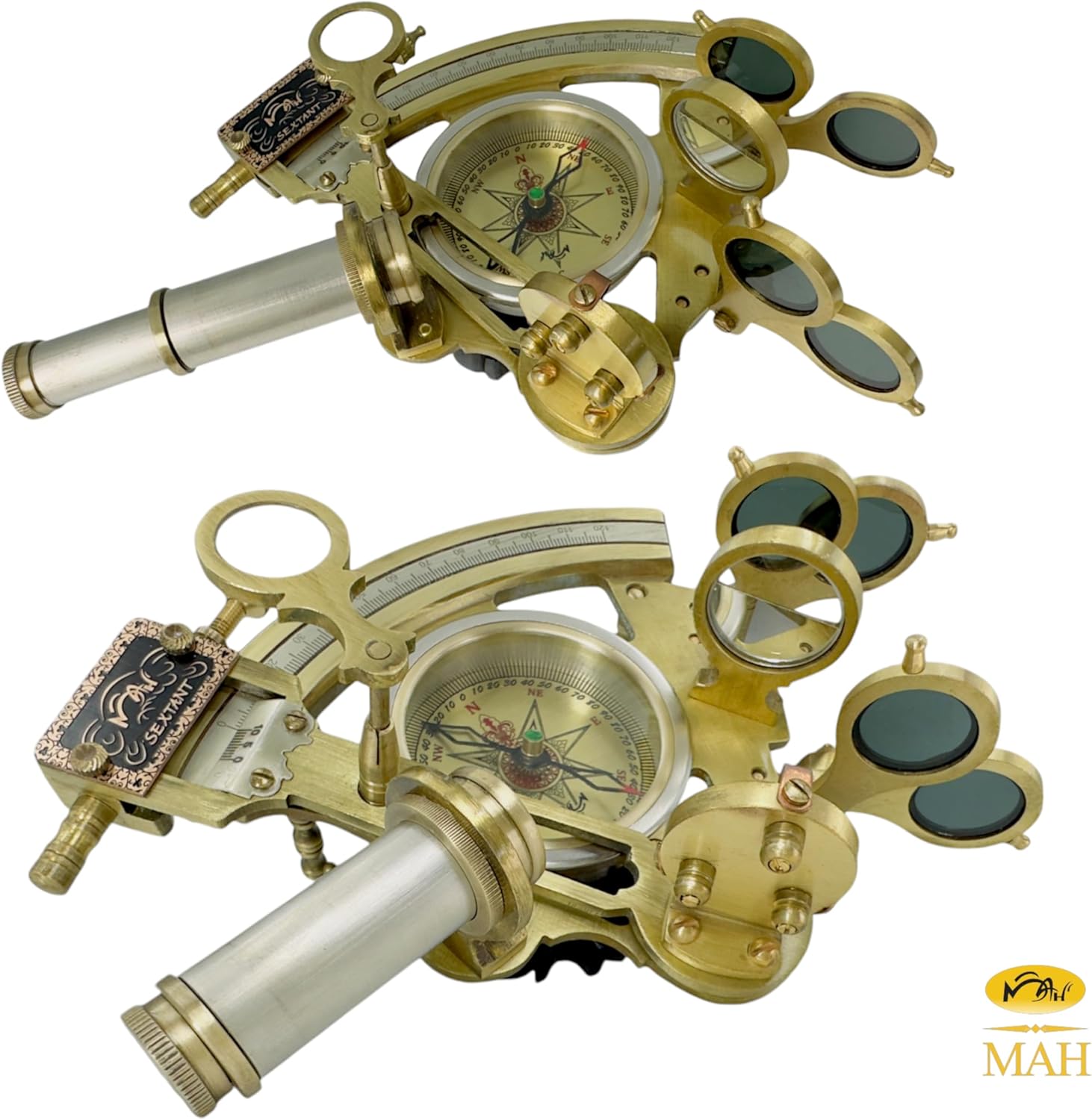 Antique Brass Sextant with Built-In Compass and Black Wooden Box view 6