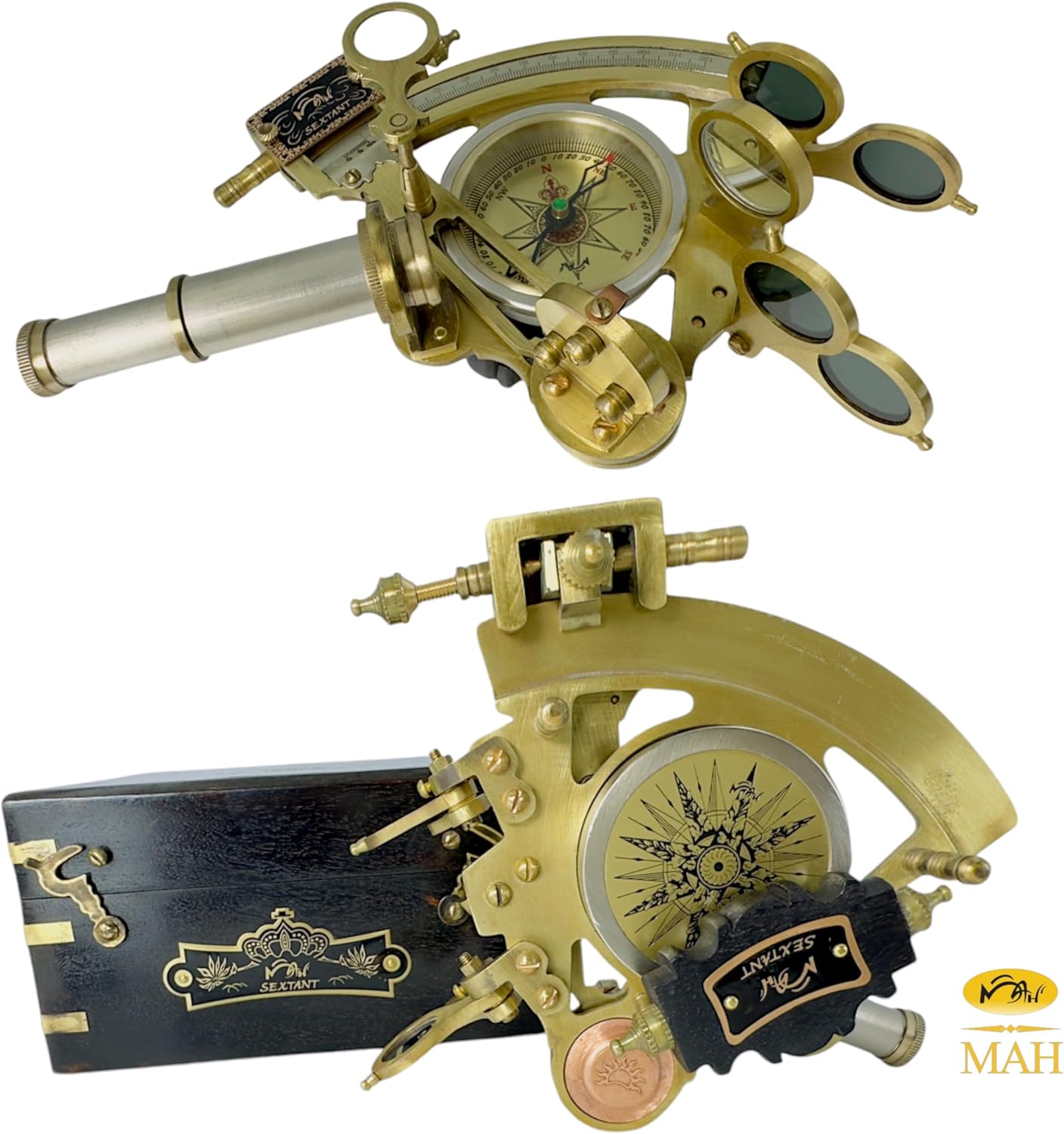 Antique Brass Sextant with Built-In Compass and Black Wooden Box view 9