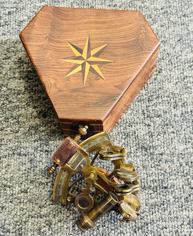 Antique Brass Sextant with Hexagonal Wooden Box view 3