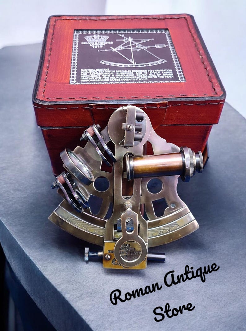 Antique Brass Sextant with Red Leather Box view 2