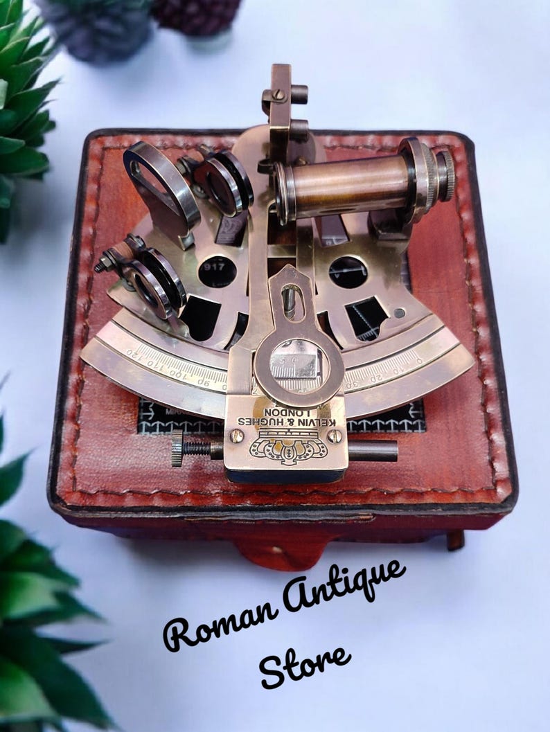 Antique Brass Sextant with Red Leather Box view 5