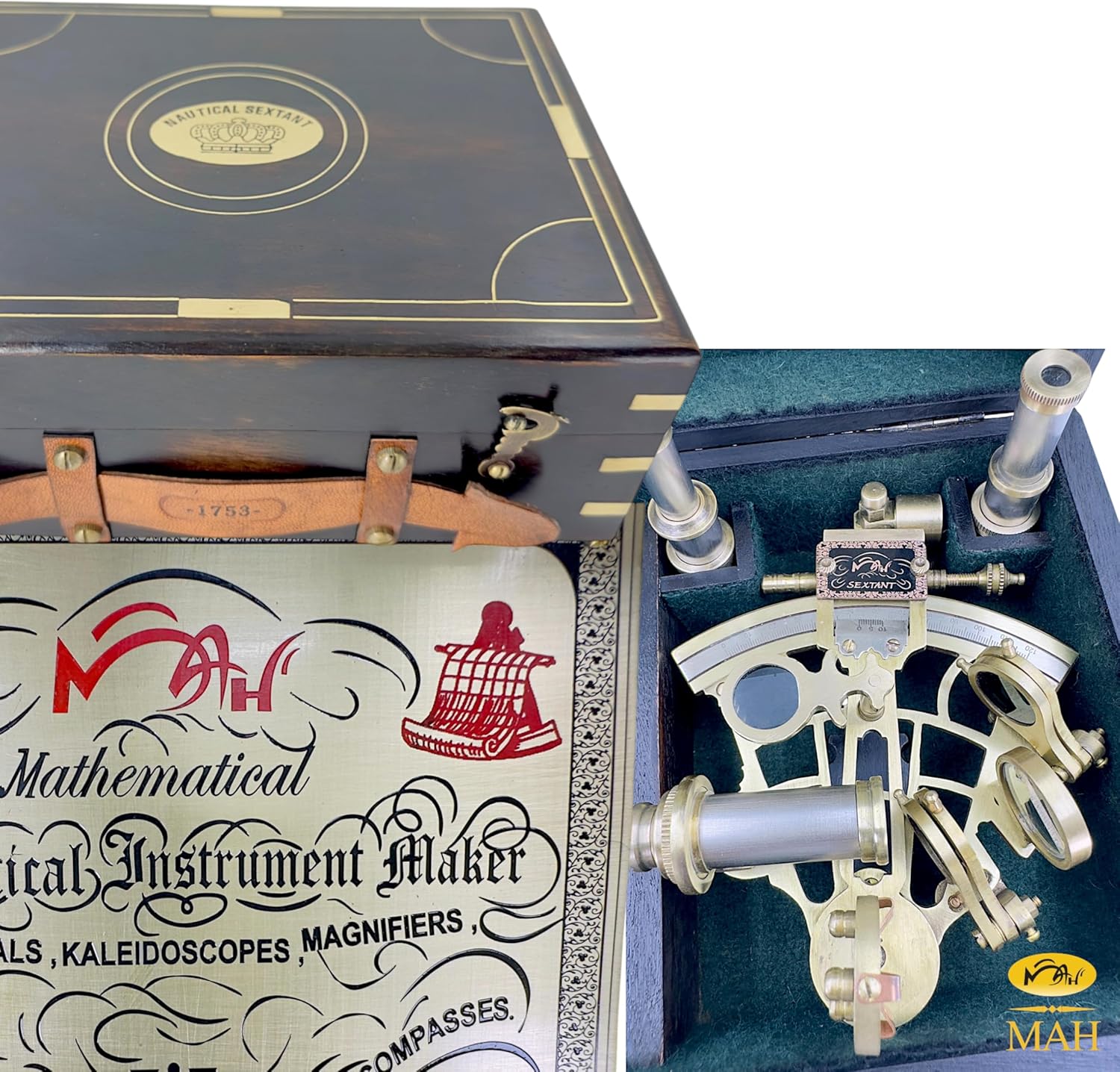 Brass Sextant with Floor Stand and Black Wooden Box view 9
