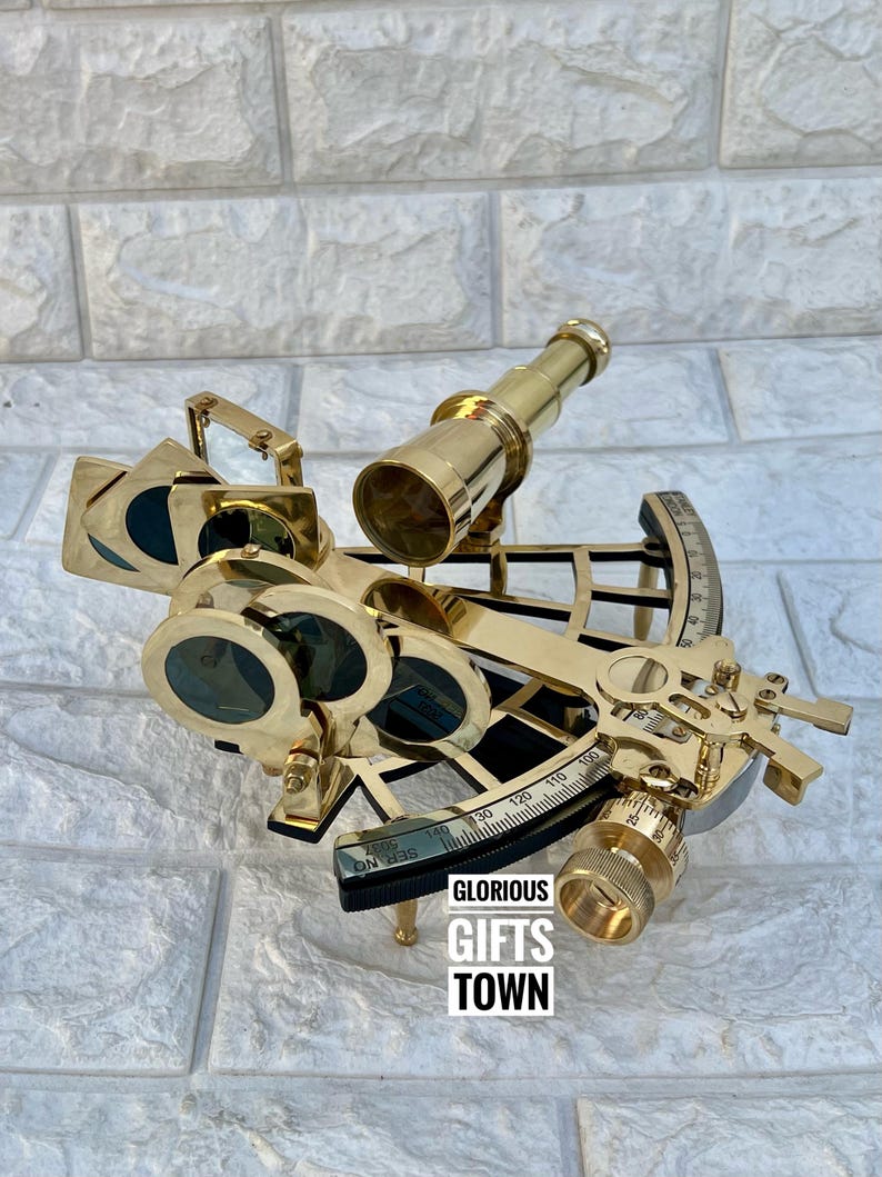 Polished Brass Sextant with Green Velvet Lined Wooden Box view 3