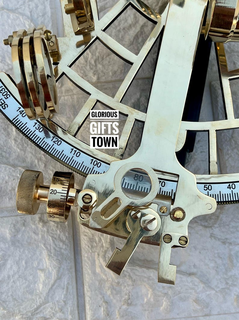 Polished Brass Sextant with Green Velvet Lined Wooden Box view 5