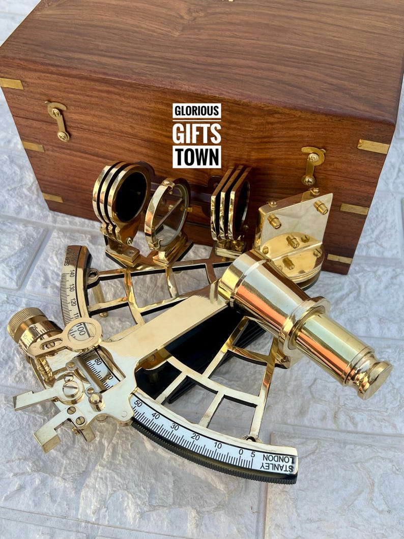 Polished Brass Sextant with Green Velvet Lined Wooden Box view 7
