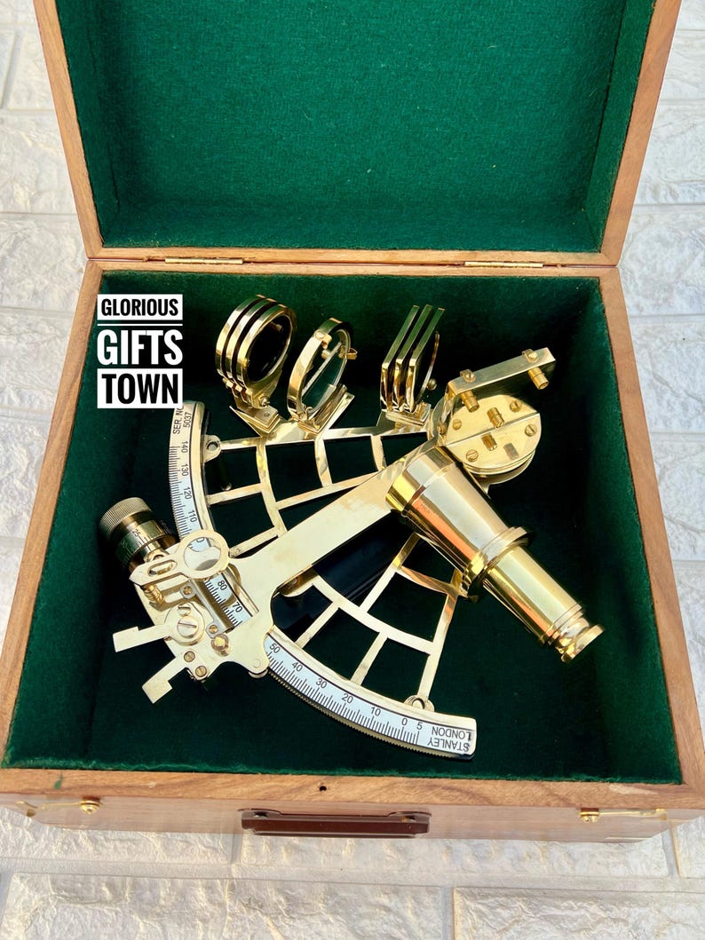 Polished Brass Sextant with Green Velvet Lined Wooden Box view 13