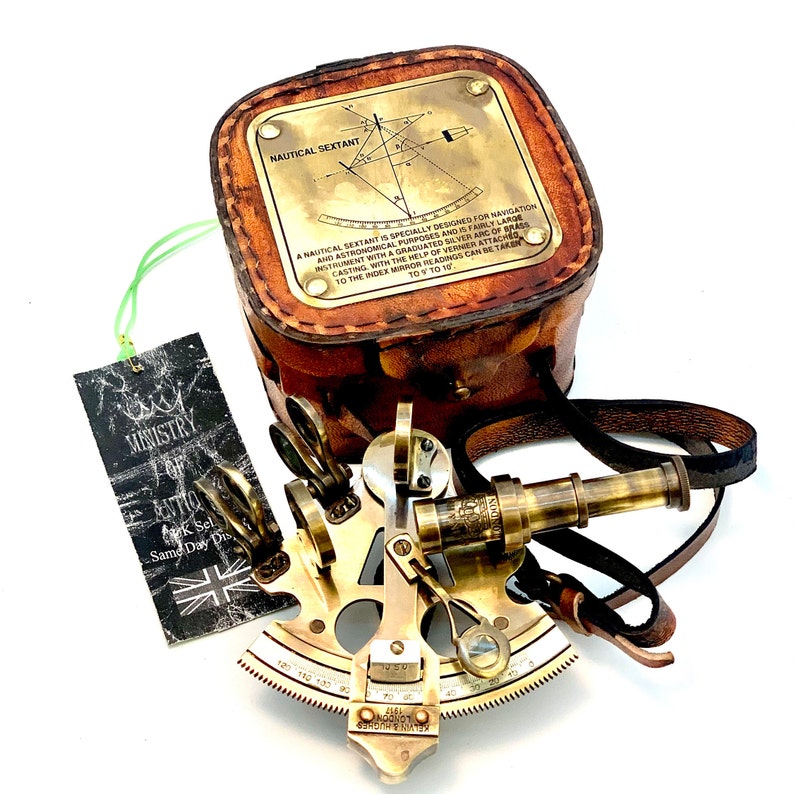Antique Brass Sextant with Red Leather Belt Case view 10