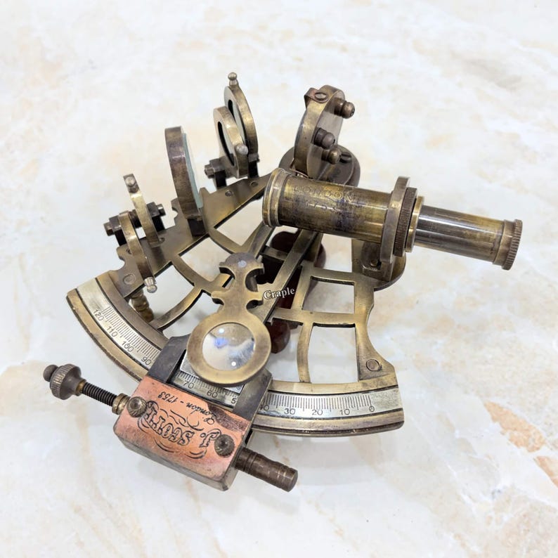 Antique Brass Sextant with Two Extra Telescopes and Black Wooden Box view 3
