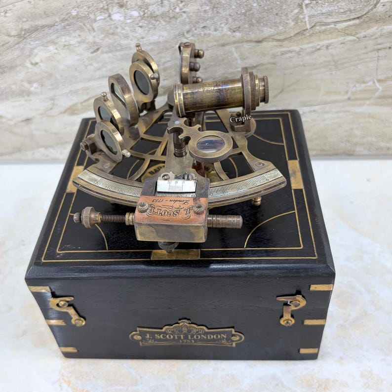 Antique Brass Sextant with Two Extra Telescopes and Black Wooden Box view 5