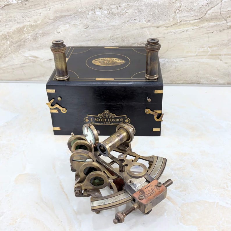 Antique Brass Sextant with Two Extra Telescopes and Black Wooden Box view 6