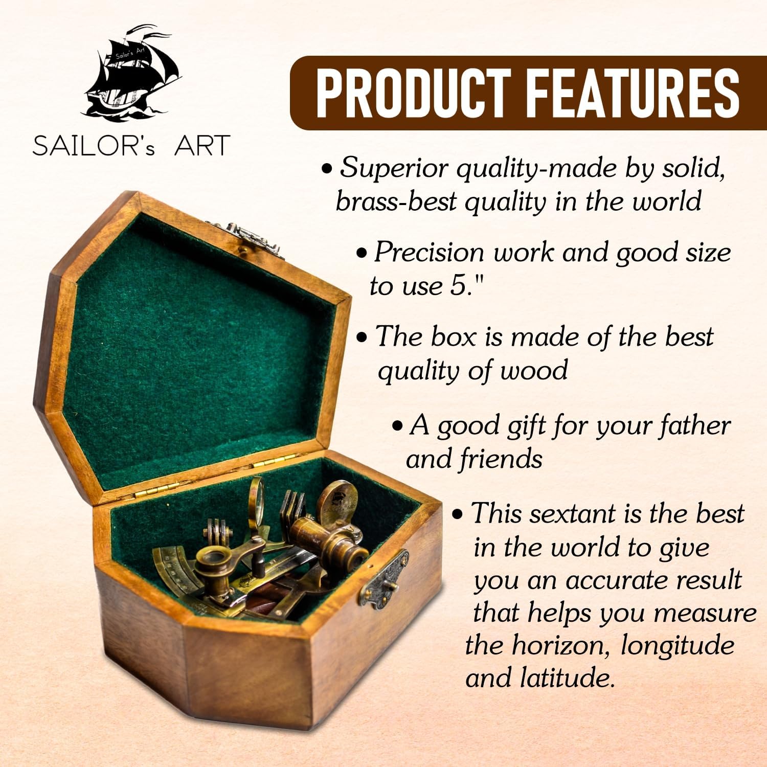 Antique Brass Sextant with Rosewood Hexagonal Green Velvet Box view 5