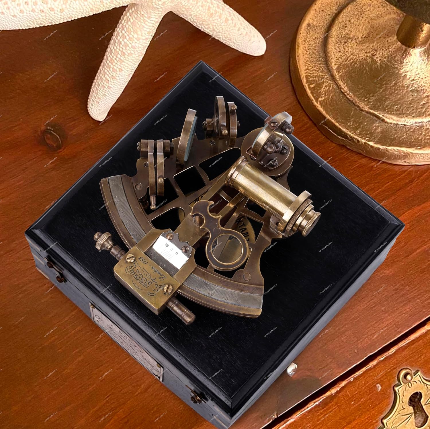 Antique Brass Sextant with Black Wooden Box view 7