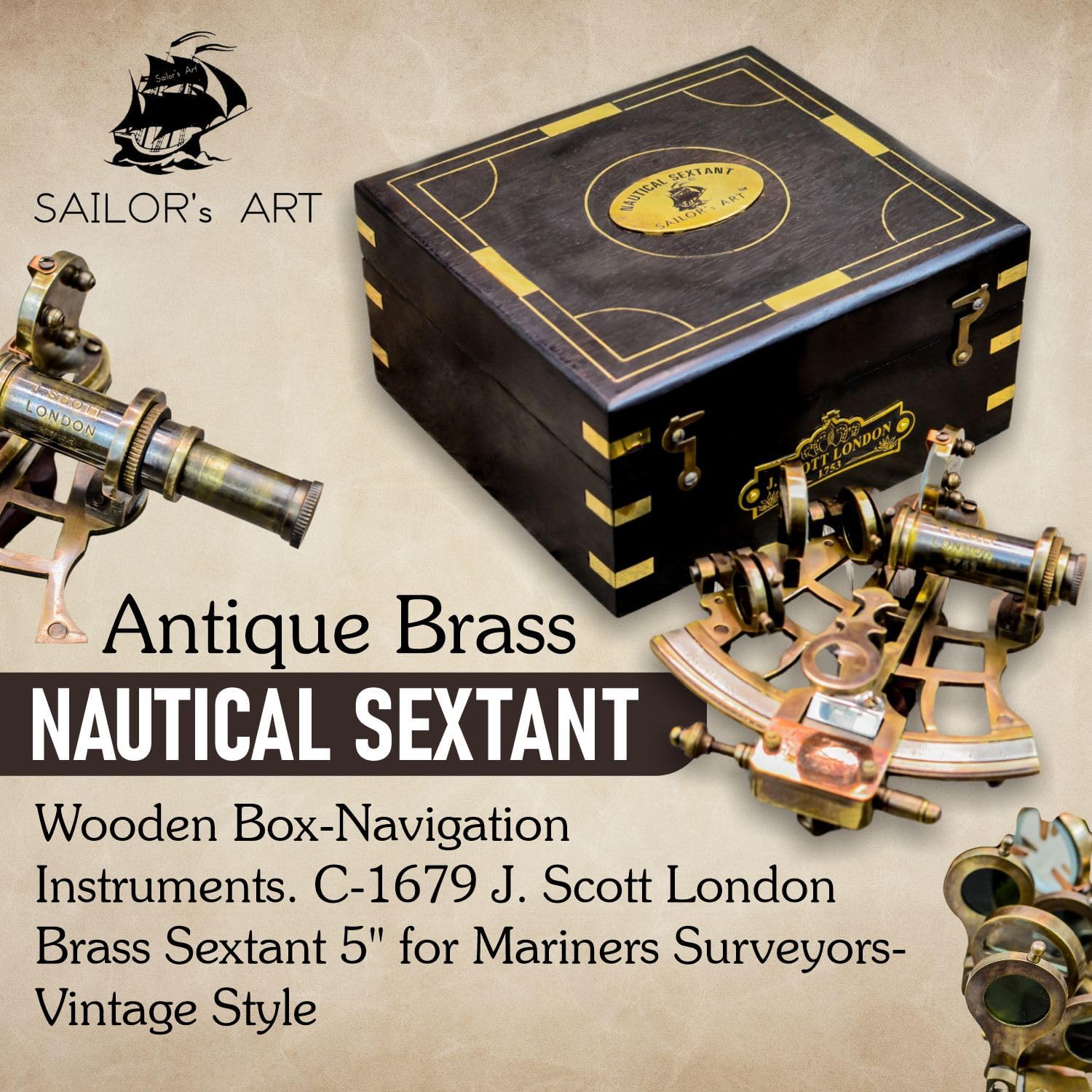 Antique Brass Sextant with Black Wooden Box view 2